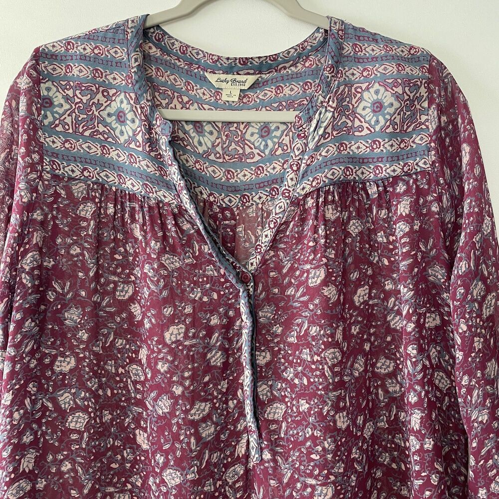 Lucky Brand Women's Floral Peasant Blouse Long Sleeve Purple Size L - Picture 2 of 9